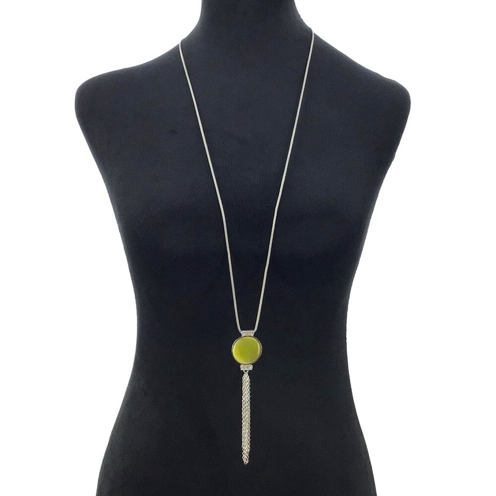 Long Necklace Green Pendant Silver Tone Tassel Crystal Accent Adjustable Length